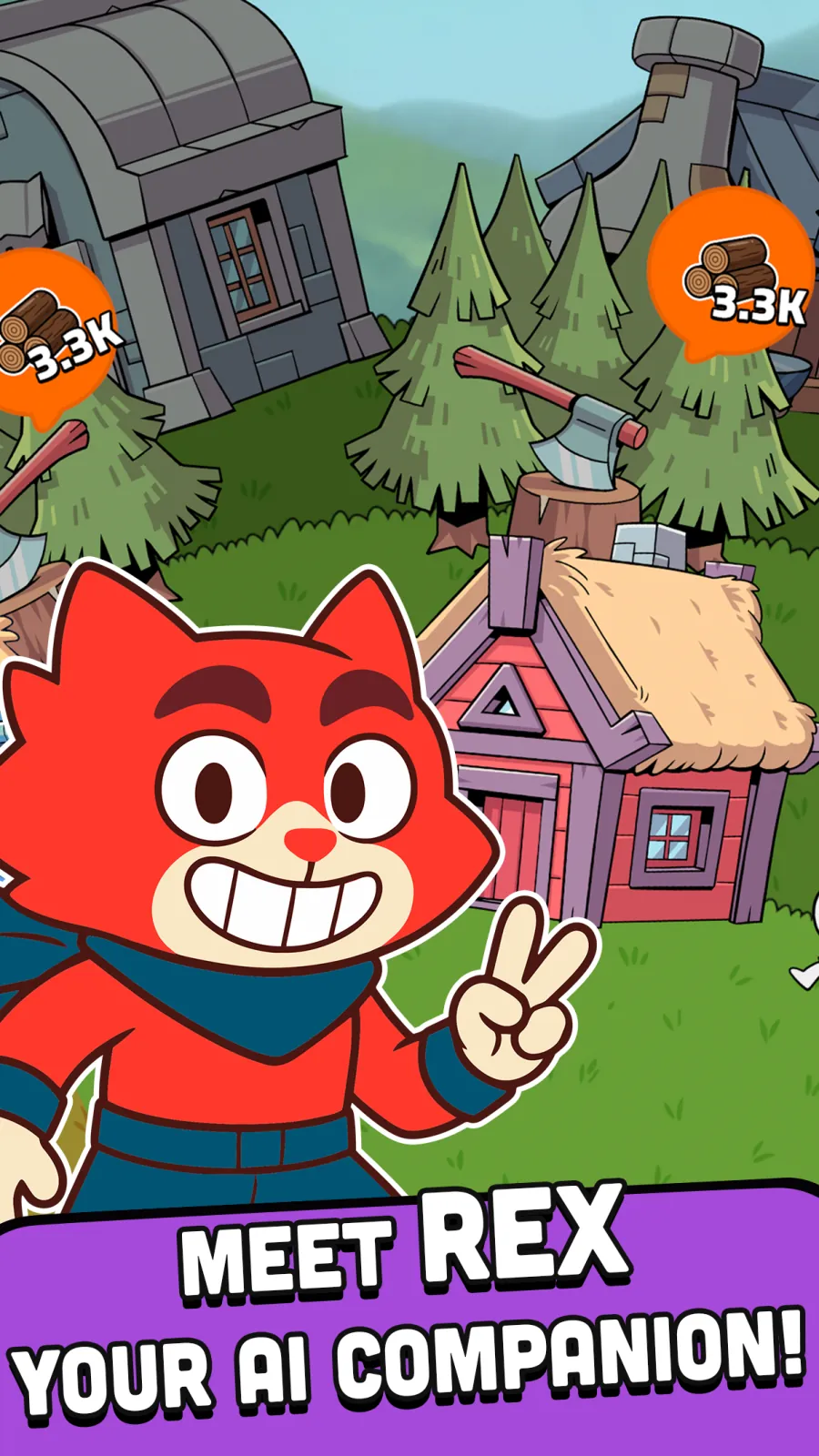 Meet Rex, your AI companion: Rex grinning in front of a half-built village