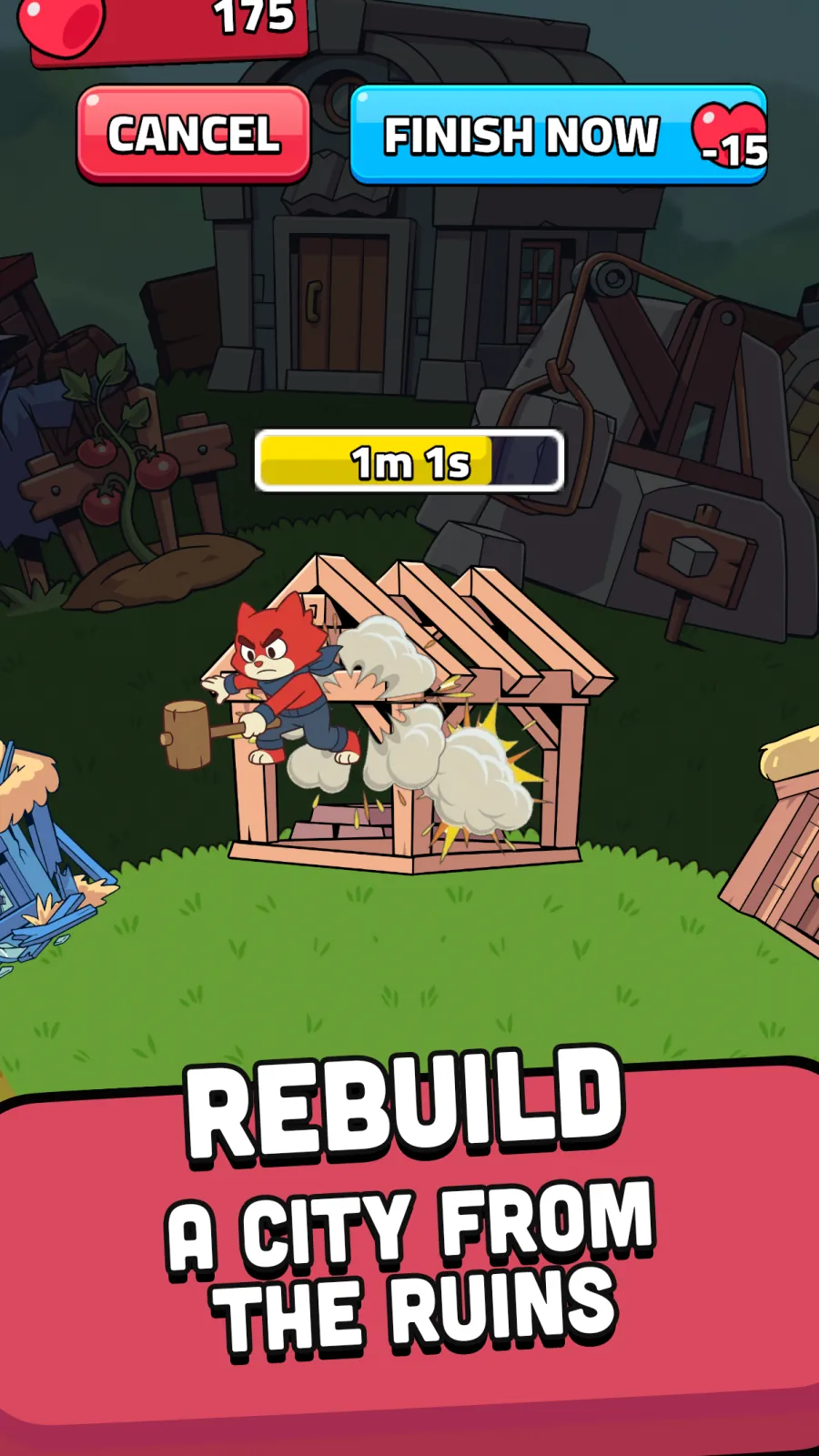 Rebuild a city from the ruins: Rex hammering a new house frame